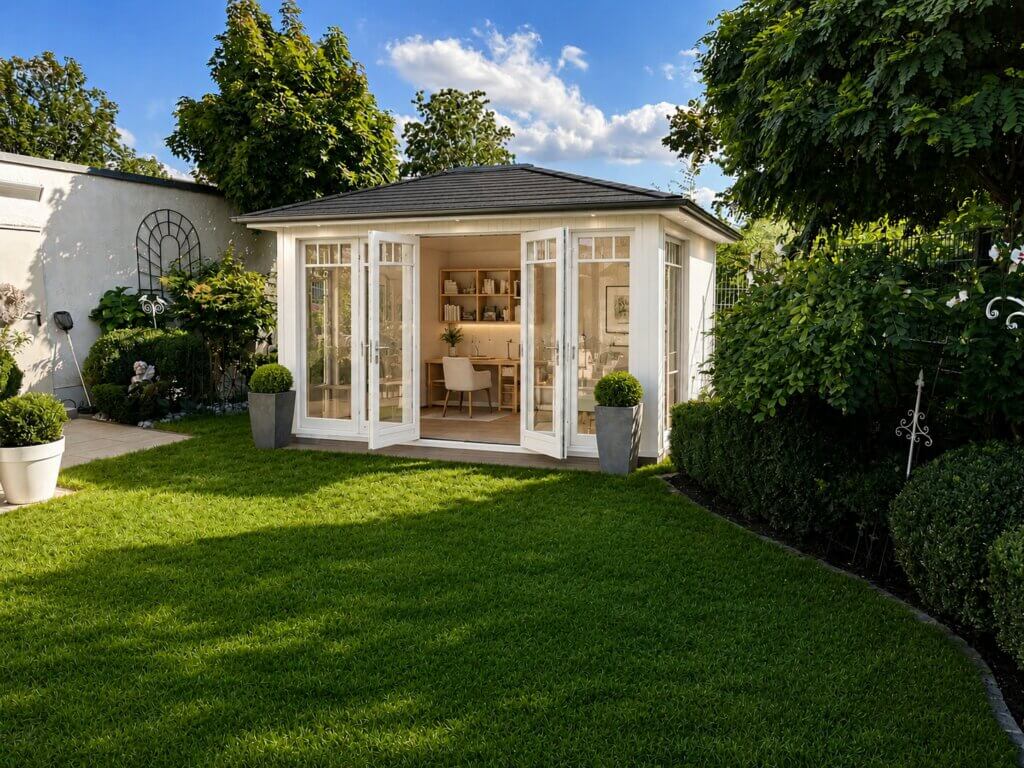 atelier-im-garten-rechteckig Rechteckiger Holz-Pavillon als Gartenatelier