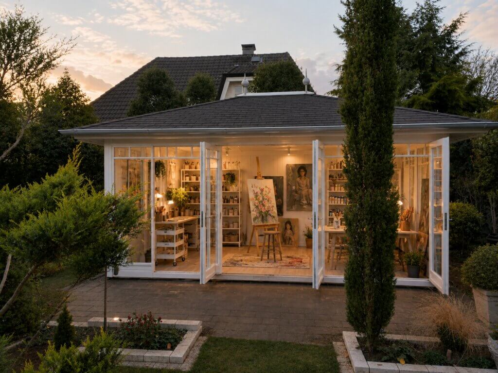 Modernes Gartenatelier mit großen Fenstern Modernes Gartenatelier mit großen Fenstern